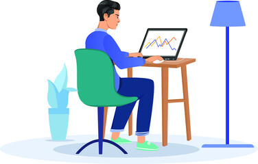 Cool freelancer with Laptop at home young man sitting in Chair and using laptop Illustrations design