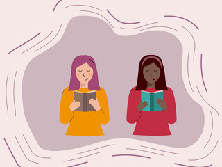 Two woman are reading books