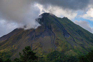 Beautiful aerial view of the Arenal Volcano, the arenal Lagoon, and rain forest in Costa Rica