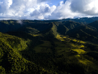 Beautiful aerial view of the Arenal Volcano, the arenal Lagoon, and rain forest in Costa Rica
