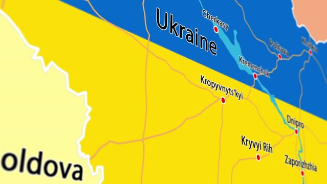 Yellow-blue Map of Ukraine with Borders and Cities 3D Animation