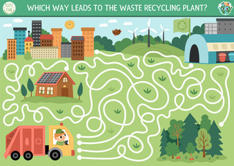 Fototapeta premium Ecological maze for kids with garbage truck going to waste recycling plant. Earth day preschool activity. Eco awareness or zero waste labyrinth game, puzzle. Nature protection printable worksheet.