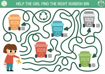 Ecological maze for children with girl sorting out the rubbish. Earth day preschool activity. Eco awareness or zero waste labyrinth game, puzzle. Nature protection printable worksheet.