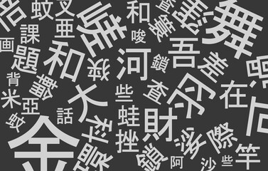 Japanese characters wallpaper landscape. randomly arranged kanji. used for computer wallpaper, zoom background and mobile use. grey and black color.