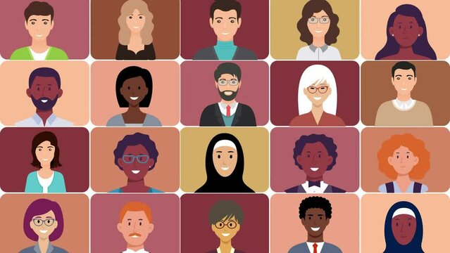 Multiracial People Expressing Positive Emotions
and looking at camera in square Collage Animation.  Smiling Diverse Character Faces headshots. Diversity Society and Business concept