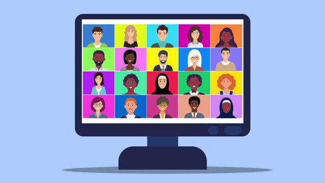Group Of Multiracial People Expressing Positive Emotions Animation on Computer desktop. Smiling Diverse Character Faces Colorful headshots. Webinar, . Diversity, Online Communication and Business 
