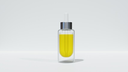 Face oil. Transparent packaging. Isolated on a white background. Copy space. A place for text. Template for cosmetics presentation. 3D illustration for banner, advertising. 3D render. Mock up.