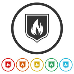 Shield with fire sign icons in color circle buttons