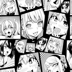 Black vector seamless pattern with ahegao face emotion, illustration manga set. Hand-drawn art for t-shirts, helmets, cars, and wallpapers. concept graphic design element. Isolated on black background - obrazy, fototapety, plakaty