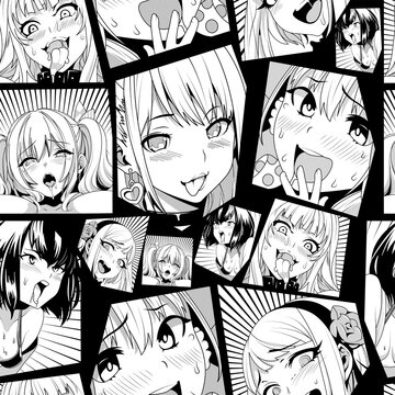Black vector seamless pattern with ahegao face emotion, illustration manga set. Hand-drawn art for t-shirts, helmets, cars, and wallpapers. concept graphic design element. Isolated on black background