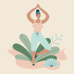 Body positivity cute plump afro girl with more size-inclusive body do yoga in funky figures style.Plumpish lady in tree pose.Concept of evolving beauty standards and diversity.Vector illustration