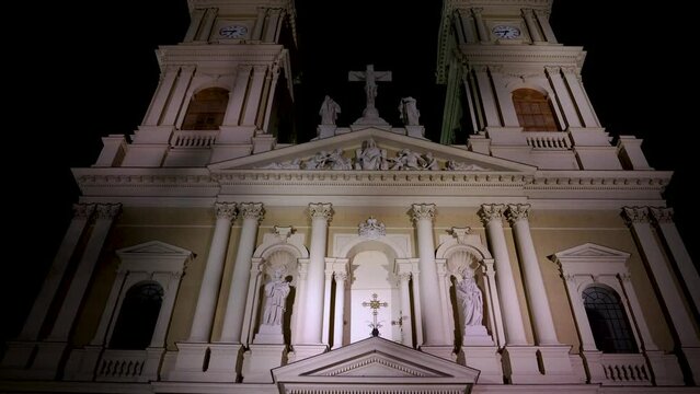 Front facade of Divine Saviour Cathedral in Ostrava, Czech Republic, 4k