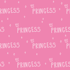 Cute pink pattern with stars, crown a princess seamless background. Textiles for girl, digital paper scrapbook.