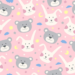 Seamless childish pattern with bunny and bear, clouds, moon and stars. Cute hand drawn animal faces on a pink background. Vector cartoon illustration in pastel colors.