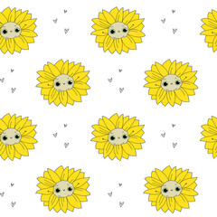 Cute white pattern with doodle sunflowers fabric. Seamless background line hearts. Minimalism paper scrapbook.