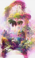 Obraz na płótnie Canvas Beautiful tropical fantasy garden in a white myst. Natural scene. Fairy 3D illustration.