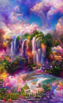 Abstract beautiful jungle with waterfall and river against fairy sky with clouds. Natural wallpaper. Fantasy 3D illustration.