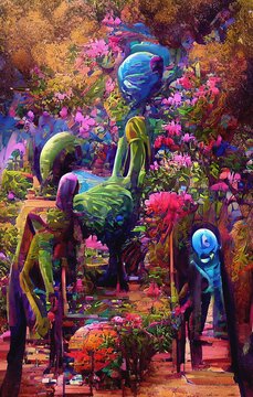 Abstract alien fantasy garden. Strange greenery with strange colors. Surreal wallpaper. Natural scene. 3D illustration.