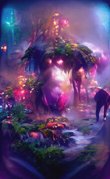 Mystical fantasy scene in forest with glowing blue, purple and violet neon lights and mist. Fairytale scene. 3D illustration