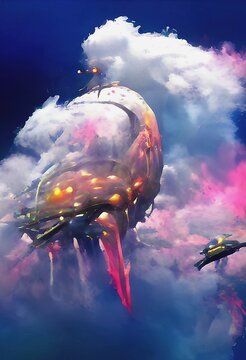 Abstract alien spaceship with glowing neon lights against white-violet clouds and deep blue sky. Fantastic scene. Futuristic wallpaper. 3D illustration.