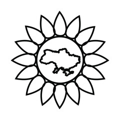 Sunflower on a white background with a map of Ukraine in the middle. The sunflower flower has become the official symbol of the Day of Remembrance of the Defenders of Ukraine. Print coloring. Vector.