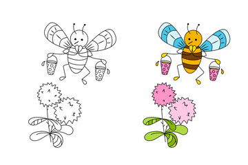 A cute bee with buckets of honey in her paws. Children's coloring book with a color sample. The contour is not in curves, with the possibility of editing.
