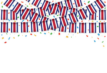 Costa Rica flags garland white background with confetti, Hang bunting for Independence Day celebration template banner, Vector illustration