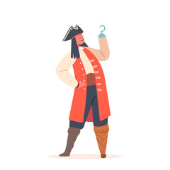Fototapeta premium Boy in Pirate Costume with Hand Hook and Leg Prosthesis Character Isolated on White Background. Funny Kid Party Fun