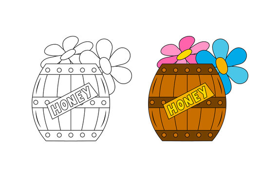 A barrel of honey. Children's coloring pade with a color sample. The contour is not in curves, with the possibility of editing.

