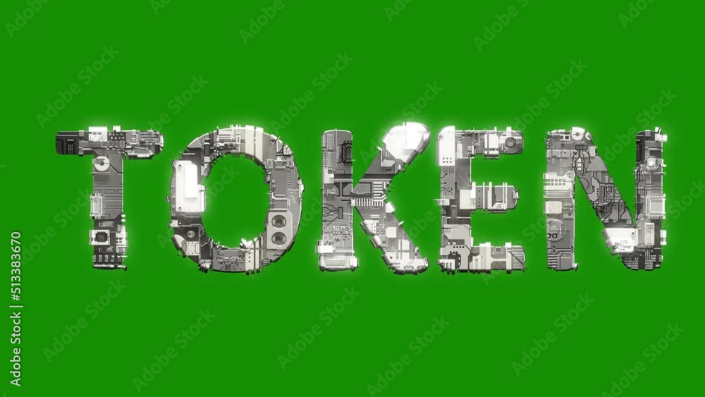 Poster silver grey cybernetical text token with animation on chroma key screen, isolated - loop video