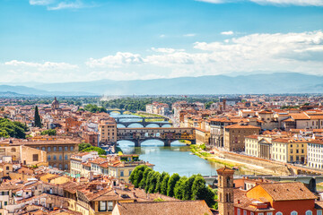 Fototapeta na wymiar Florence Aerial View of Ponte Vecchio Bridge during Beautiful Sunny Day