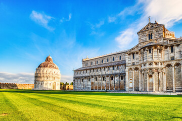 Pisa Leaning Tower Torre di Pisa and the Cathedral Duomo di Pisa at Beautiful Sunny Day, Pisa