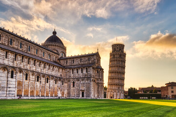 Pisa Leaning Tower Torre di Pisa and the Cathedral Duomo di Pisa at Sunrise, Pisa