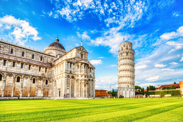 Pisa Leaning Tower Torre di Pisa and the Cathedral Duomo di Pisa at Beautiful Sunny Day, Pisa