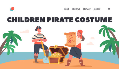 Children Pirates Costume Landing Page Template. Kids Buccaneers Hiding Loot in Trunk on Island, Funny Boy and Girl