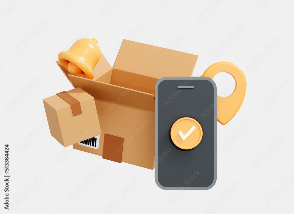 Aufkleber 3d online tracking delivery via mobile phone. delivered order in cardboard box. smartphone with chec