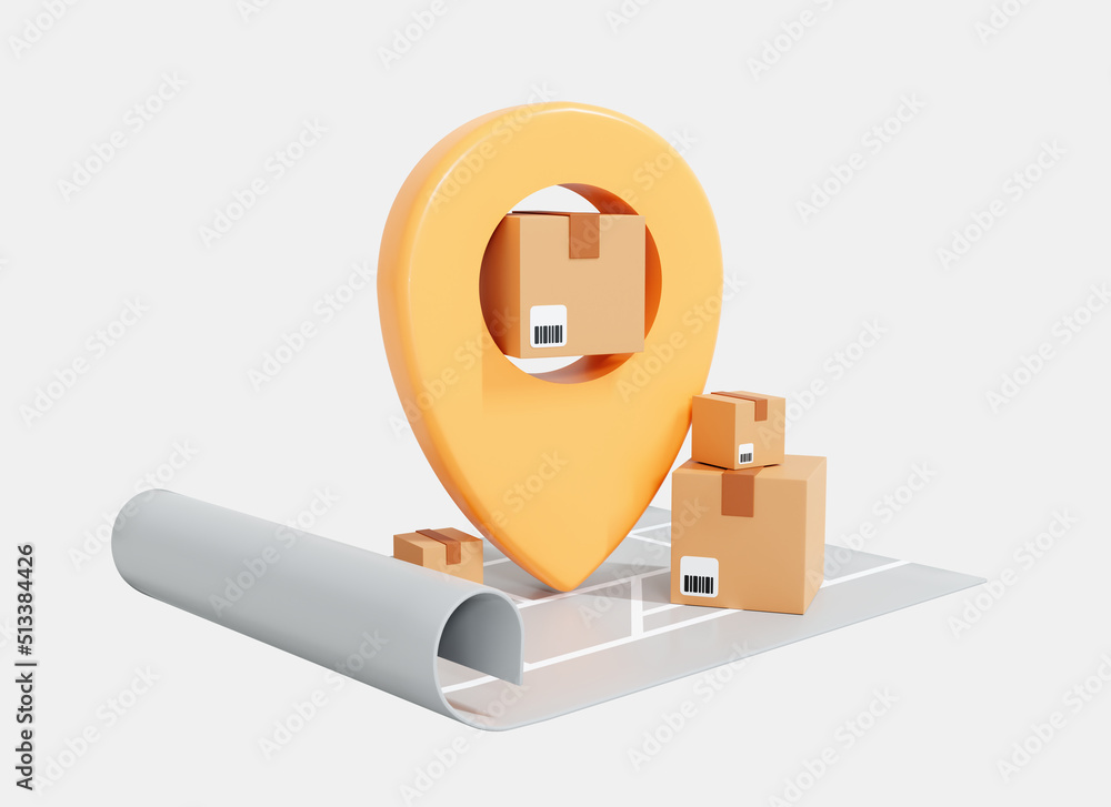 Aufkleber 3d online order tracking. location mark on map and cardboard boxes. fast delivery parcel at home. ye