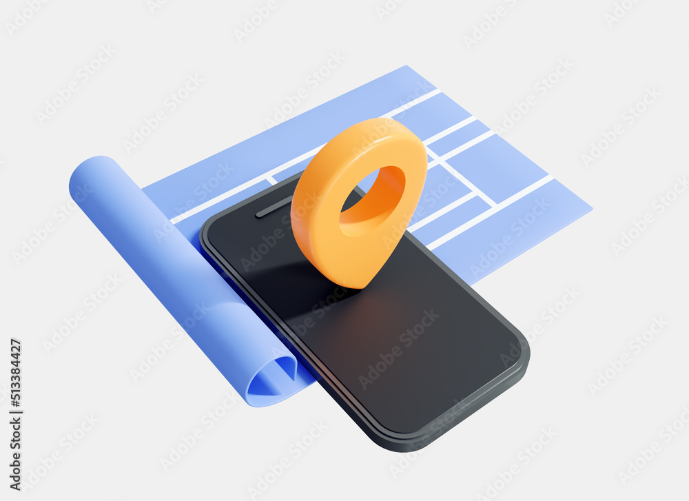 Poster 3d phone with road map and location pin. gps on smartphone screen. mobile app. yellow point and blue