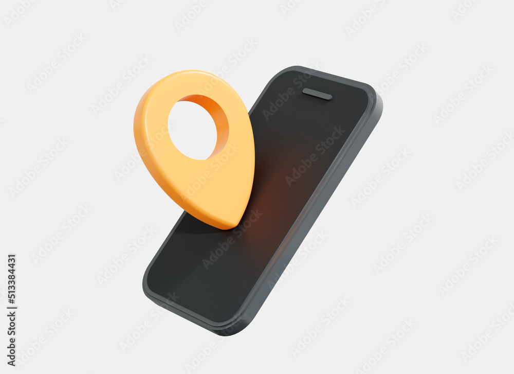 Poster 3d mobile phone and location pin. gps navigation on smartphone screen. realistic illustration. yello