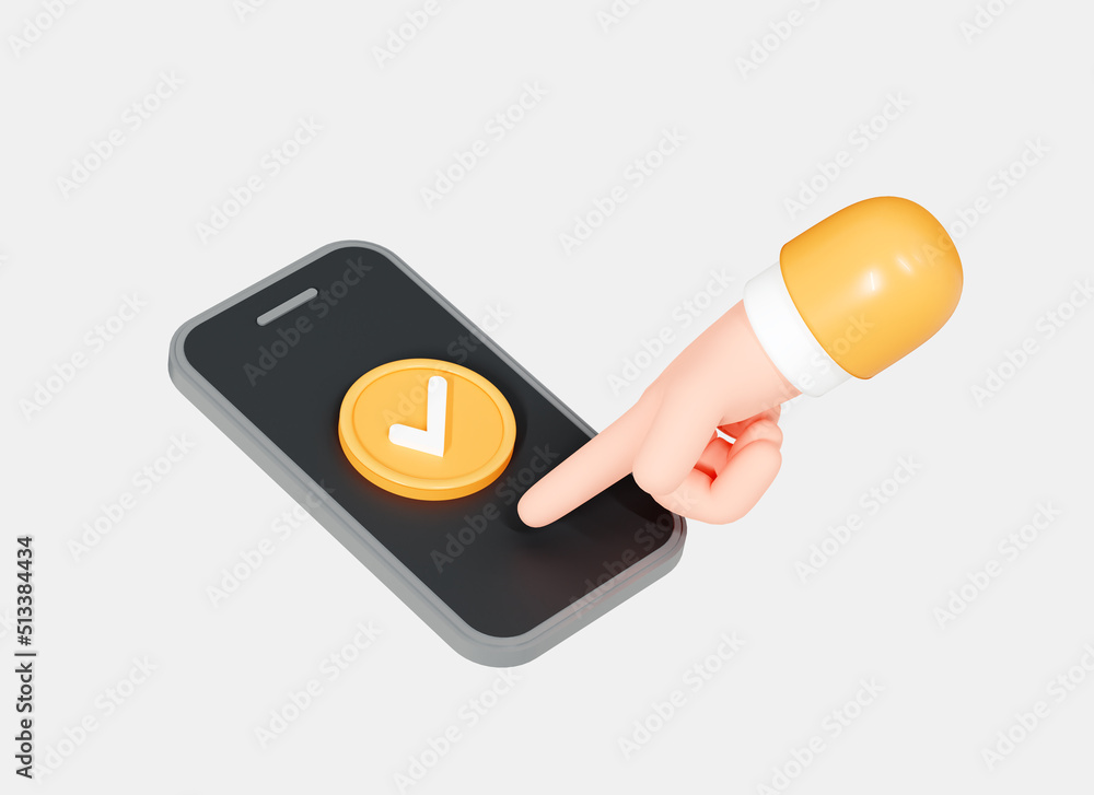 Poster 3d mobile phone with check mark and hand finger press on screen. completed task or done payment. tic