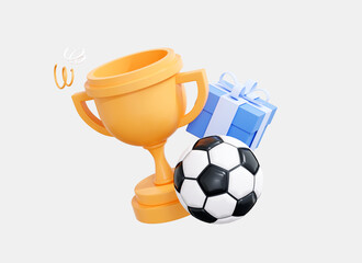 3D Trophy cup with soccer ball and gift box. Football game and gold reward. Winner concept. Victory prize. Sports match. Cartoon creative design icon isolated on white background. 3D Rendering © accogliente