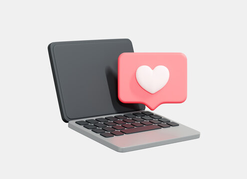 3D Laptop with like icon. Social media marketing concept. Heart emoji speech bubble. Social network message on computer screen. Cartoon creative design icon isolated on white background. 3D Rendering