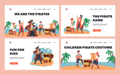 Children Pirates Landing Page Template Set. Kids Character Wear Picaroon Costumes with Treasure Chest, Map or Bottle