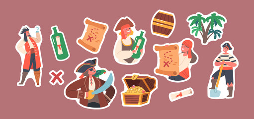 Set of Stickers Children Pirates on Secret Island, Funny Kids Wear Picaroon Costumes with Treasure Chest, Map or Bottle
