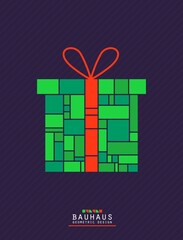 Christmas poster in bauhaus style. Bright Christmas gift box on black background with mosaic grid pattern. 2d New Year card in red and green colour geometric shapes. Vector greeting card illustration