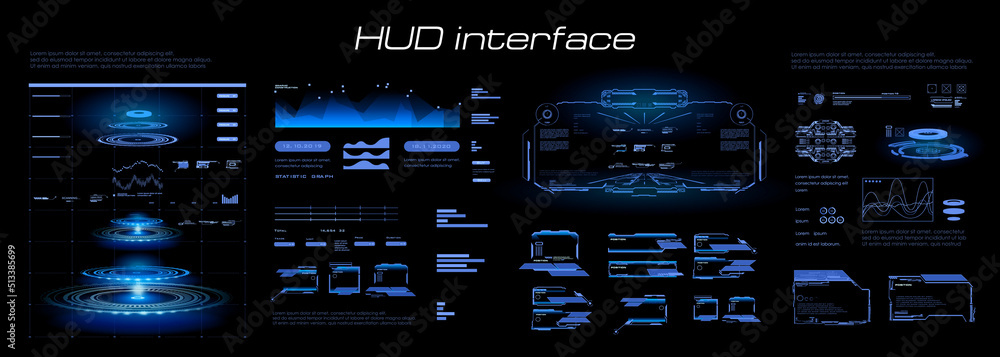 Fototapete Futuristic blue HUD interface. Custom panel with blue portal hologram and object scanning feature. Virtual graphical user interface for video games