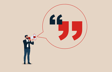 Businessman and businesswoman standing with quotation mark sign. Inspiration quotes to motivate people, business quotation or message to achieve success.