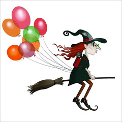 Young red hair witch on broomstick with balloons flying to holiday with black cat. Funny cartoon character. Vector illustration isolated on white background. Cute picture for halloween celebration.