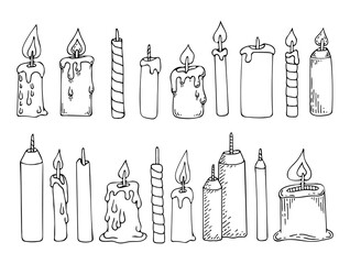 Set of candles line art. Paraffin burning candle for cake and light. Festive decoration. Aromatherapy. Wick, flame, wax. Hand drawn vector doodle illustration. Outline drawing.