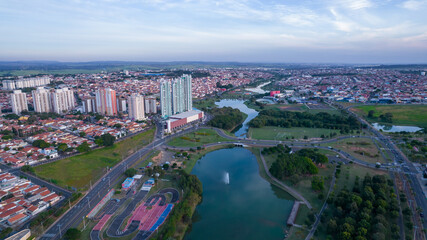 Indaiatuba Ecological Park. Beautiful park in the city center, with lake and beautiful trees and houses. Aerial view